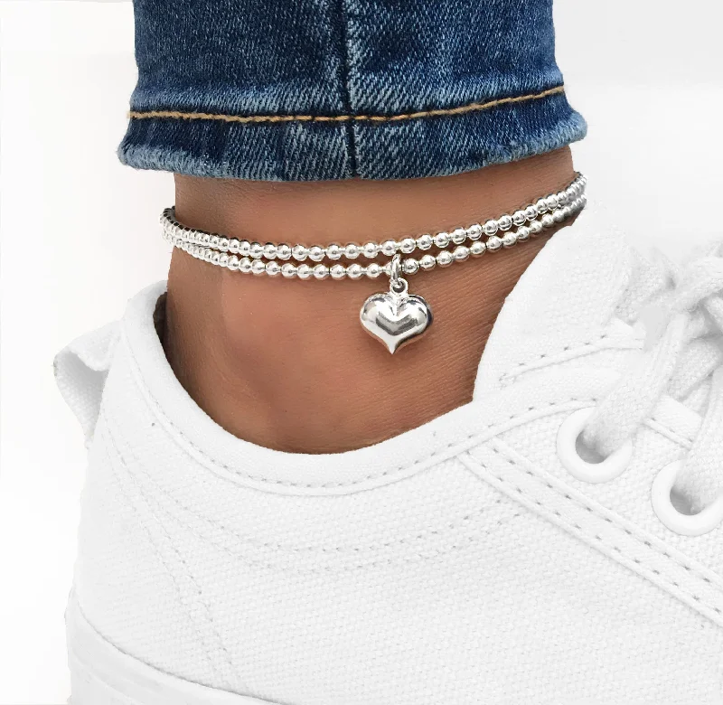 thin gold anklet for women-925 Sterling Silver Stretch Large Heart Anklet, Sterling Silver Anklet, Anklet, Silver Heart Anklet