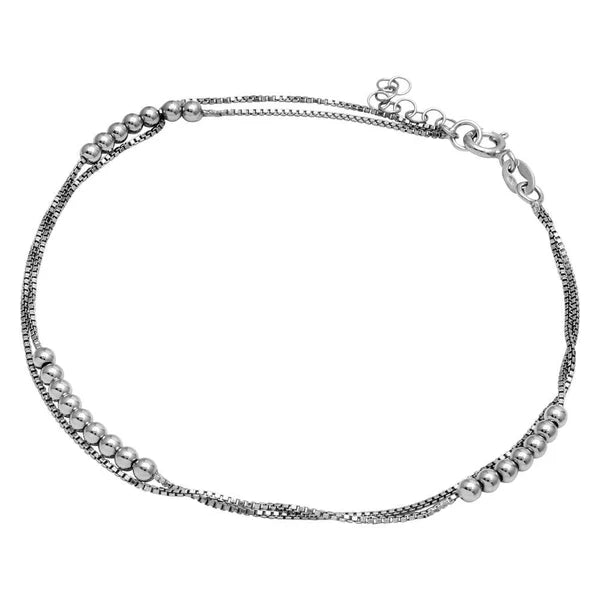 anklet with diamonds for women-Rhodium Plated 925 Sterling Silver Double Strand Bead Anklet