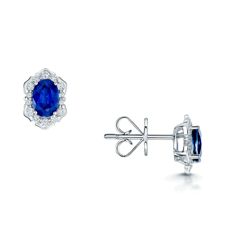 stud earrings for women-18ct White Gold Oval Sapphire And Diamond Fancy Cluster Stud Earrings