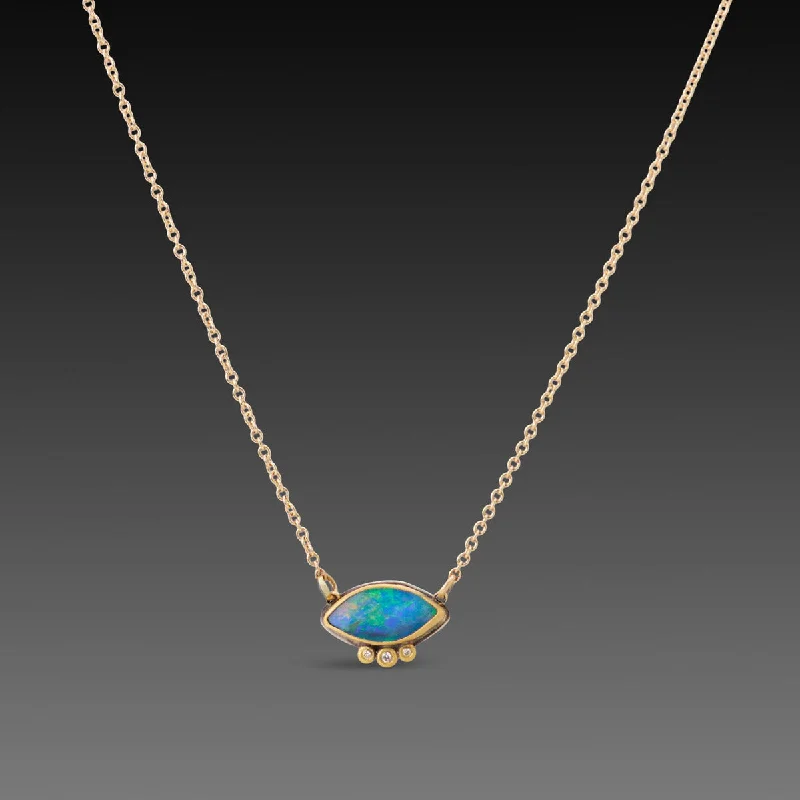 boho necklace for women-Marquise Australian Opal Necklace with Diamonds