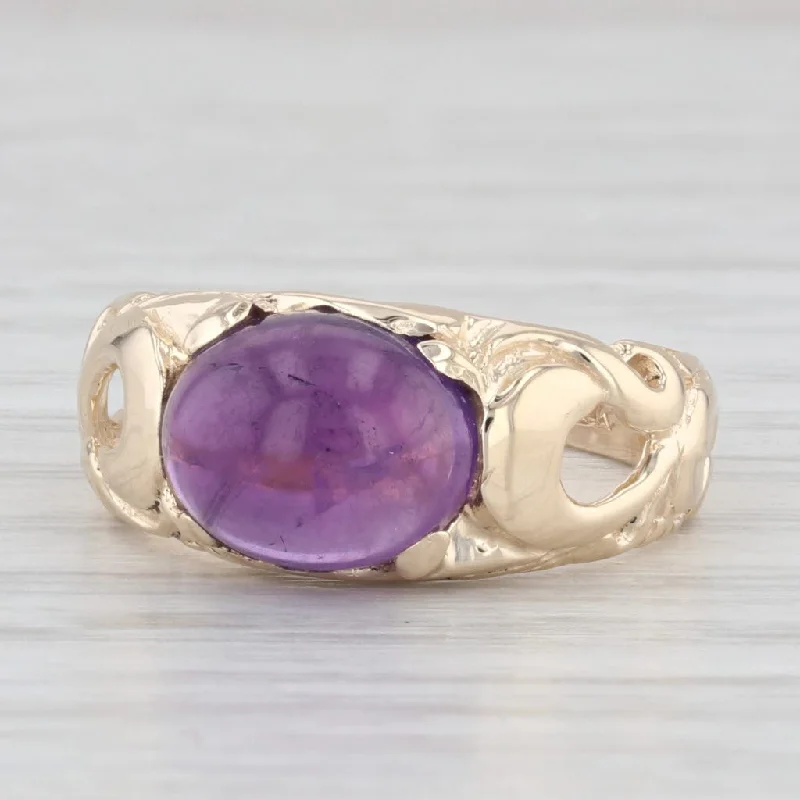 rose gold diamond engagement ring for women-Oval Cabochon Amethyst Solitaire Ring 14k Yellow Gold Size 7 Ornate Vine Work