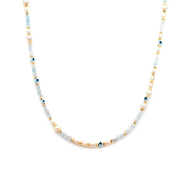 silver pendant necklace for women-Mati Necklace | Aquamarine & Pearl