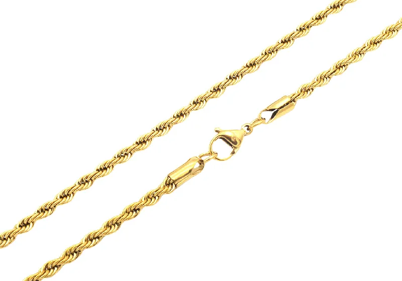 gold chain necklace for women-Mens 3MM Gold Stainless Steel Rope Chain Necklace