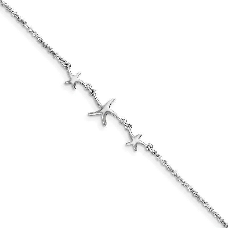 gold chain anklet for women-Rhodium-Plated Sterling Silver Three Sea Stars Anklet, 10-11 Inch