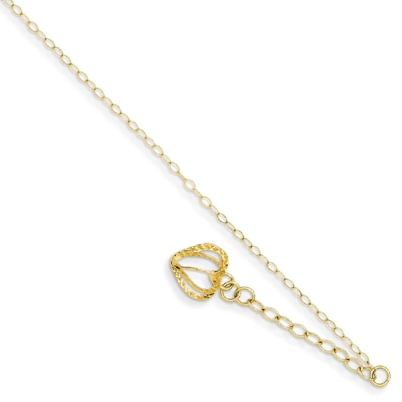 charm anklet for women-14k Yellow Gold Oval Link Anklet with Open Heart Cage Charm, 9-10 Inch