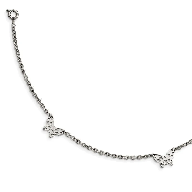 sterling silver anklet for women-Stainless Steel Polished Butterfly Charms 9in w/1in extension Anklet