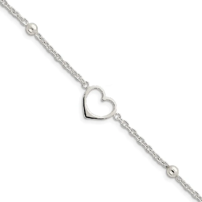 leather anklet for women-Sterling Silver 15mm Open Heart Charm Anklet, 10 Inch