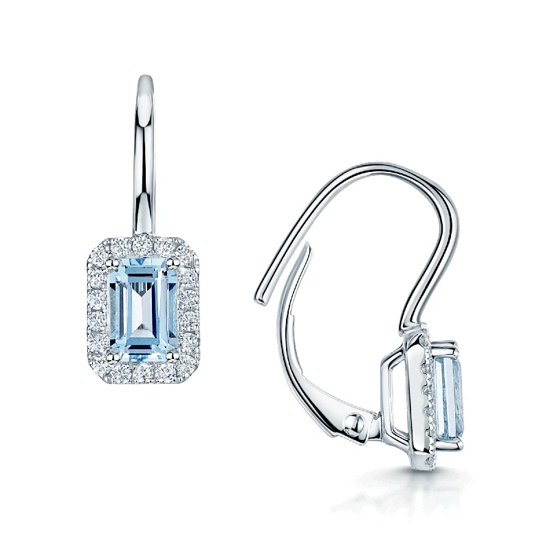 luxury diamond earrings for women-18ct White Gold Emerald Cut Aquamarine & Round Brilliant Cut Diamond Halo Earrings