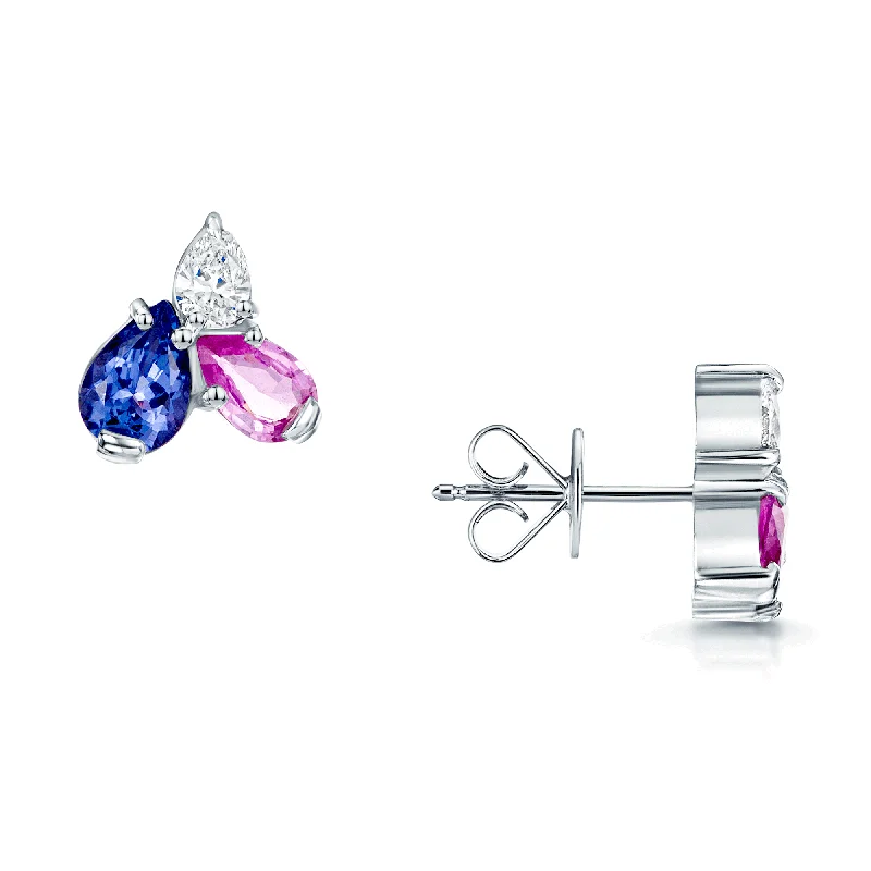 luxury earrings for women-18ct White Gold Pear Cut Diamond, Pink Sapphire And Tanzanite Cluster Earrings