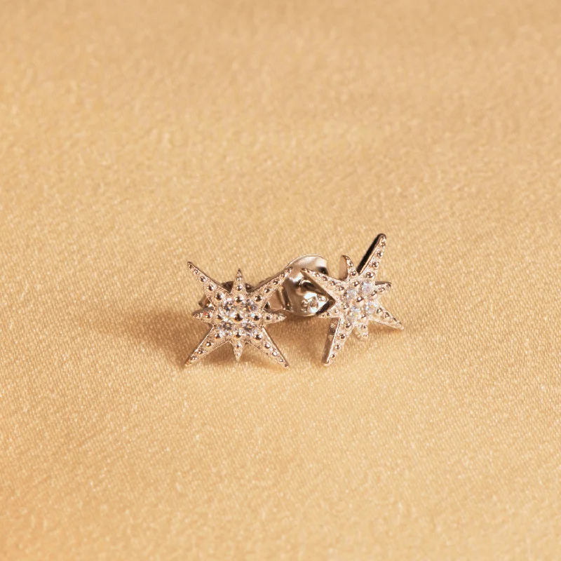 rose gold earrings for women-New Sterling Silver Cubic Zirconia Compass Star Stud Earrings