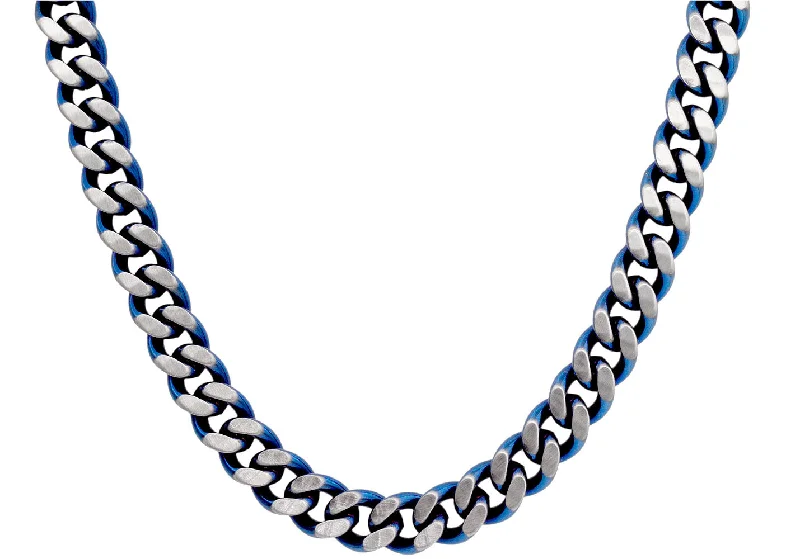 silver pendant necklace for women-Mens Two-Toned Matt Blue Stainless Steel Cuban Link 24" Chain Necklace