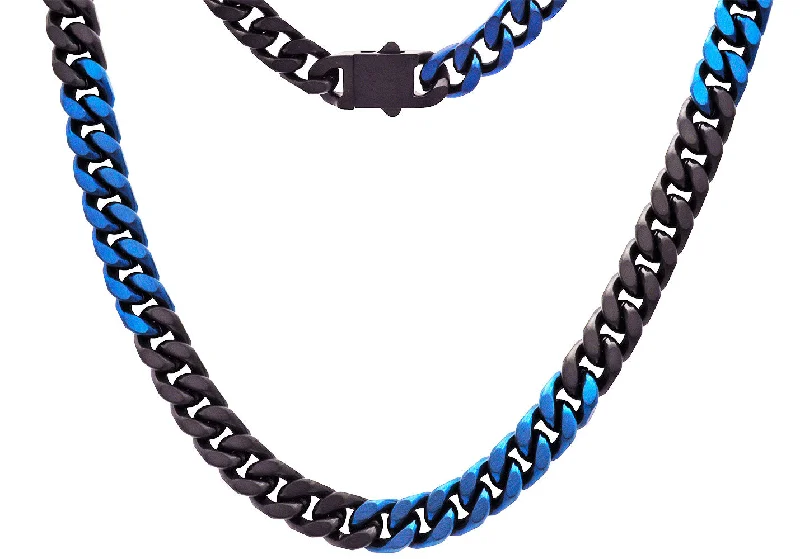 rainbow necklace for women-Mens 10mm Two-Toned Black And Blue Plated Stainless Steel Cuban Link Chain Necklace