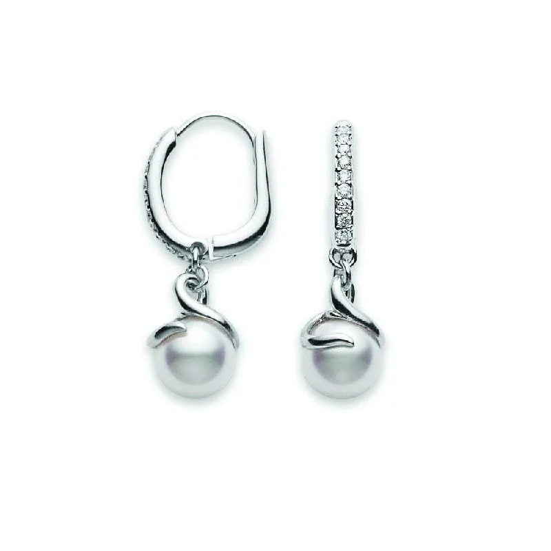 round earrings for women-18ct white gold Cultured 7mm Pearl And Diamond Twist Drop Style Hoop Earrings