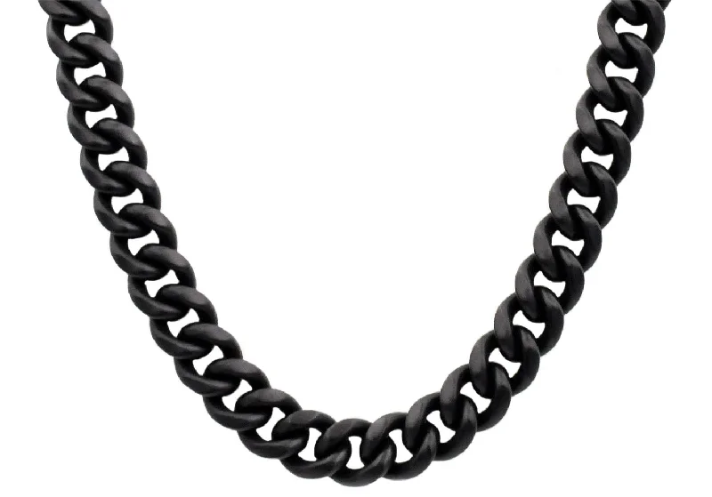 silver pendant necklace for women-Mens 14mm Matte Black Stainless Steel Miami Cuban Link Chain Necklace