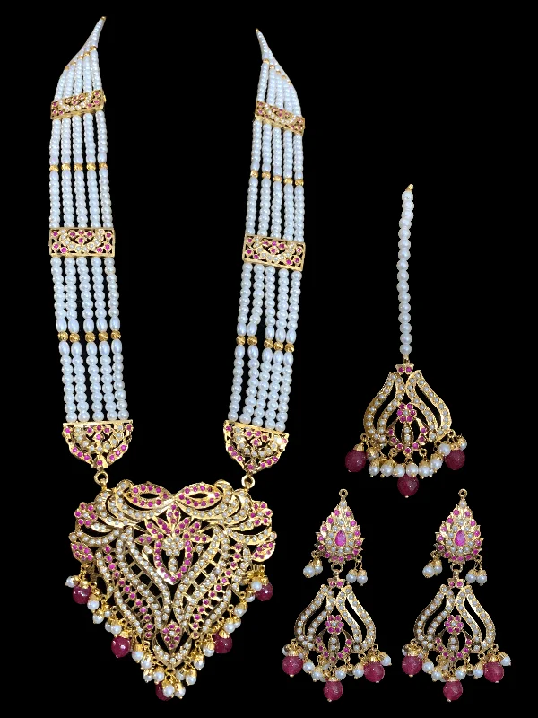 gold hoop earrings for women-LN125 Sakshi Ruby pearl Jadau Rani haar with earrings tika ( READY TO SHIP )