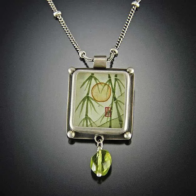 geometric necklace for women-Small Rectangular Bamboo Necklace with Peridot