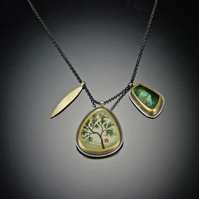 layered necklace for women-Spring Maple Charm necklace with Green Tourmaline