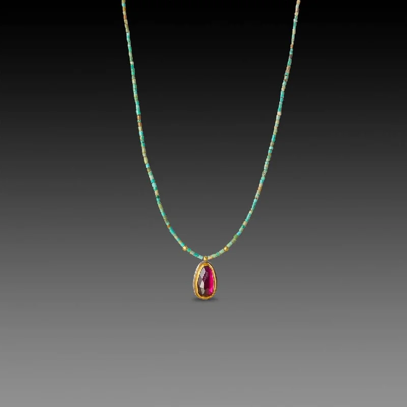 engraved necklace for women-Rhodolite Garnet and Turquoise Beaded Necklace