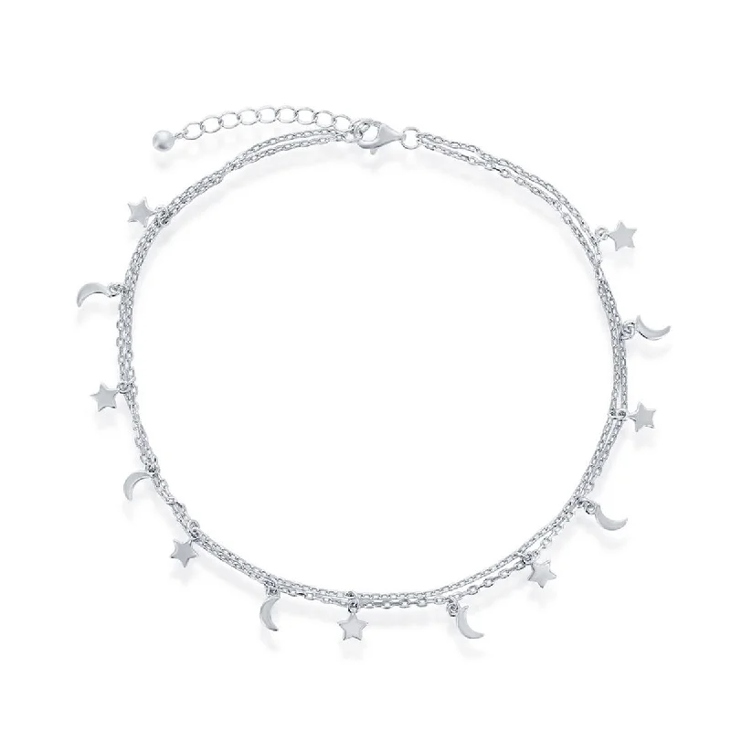 anklet with flowers for women-Classic Women's Anklet - Sterling Silver Moon and Star Double Strand | R-9262