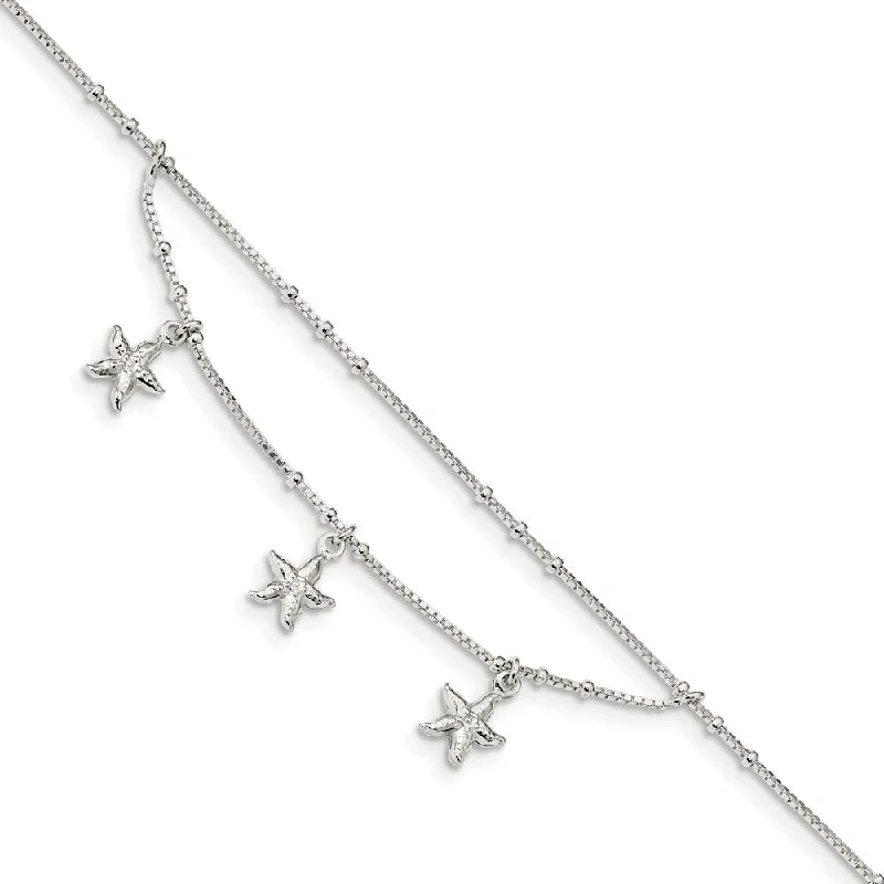 elegant bracelet for women-Sterling Silver Triple Starfish 0.8mm Box Chain Swag Anklet, 9-10 In