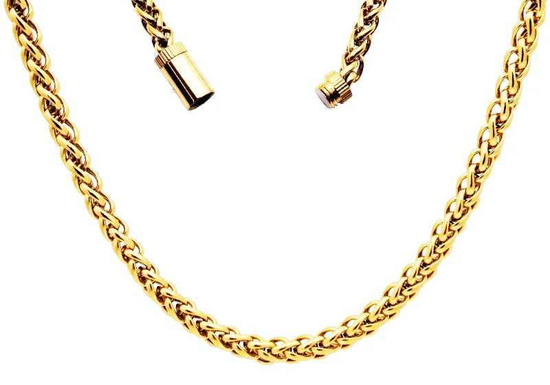 classic necklace for women-Mens Gold Plated Stainless Steel Wheat Link Chain Necklace With Magnetic Clasp