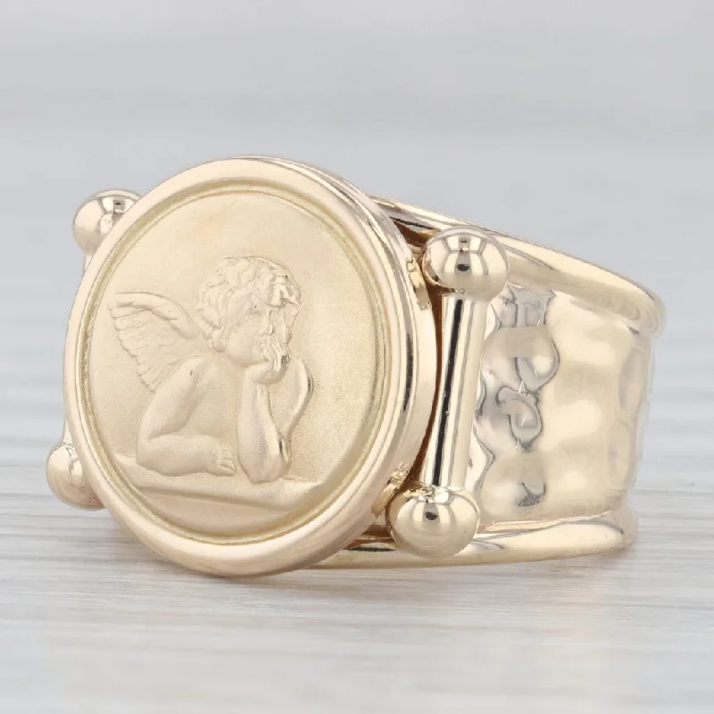 delicate engagement ring for women-Cherub Guardian Angel Coin Signet Ring 10k Yellow Gold Size 7.5 Adjustable Band