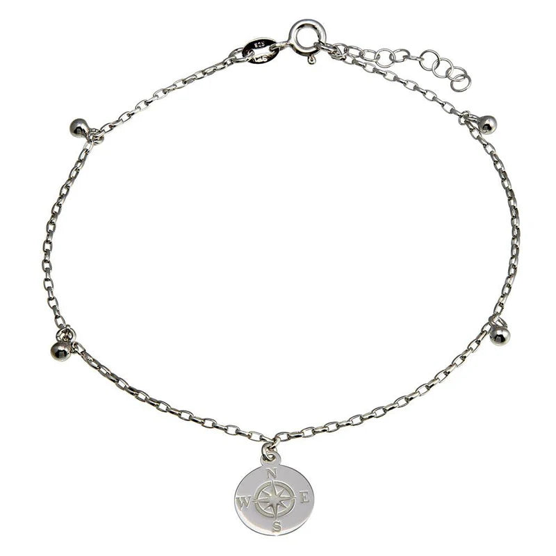 rope bracelet for women-Rhodium Plated 925 Sterling Silver Compass Disc with Dangling Beads Anklet