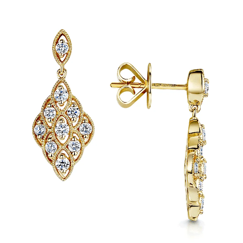 gold stud earrings for women-18ct Yellow Gold Round Brilliant Cut Diamond Set Vintage Style Drop Earrings