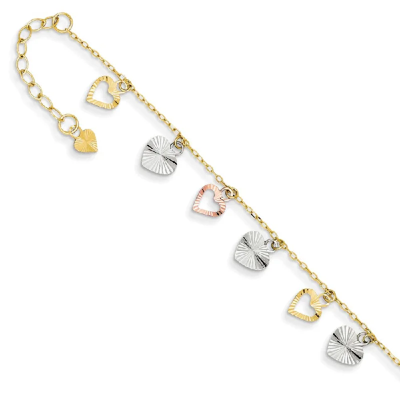 personalized charm bracelet for women-14k Tri-Color Gold Adjustable Heart Anklet, 9-10 Inch