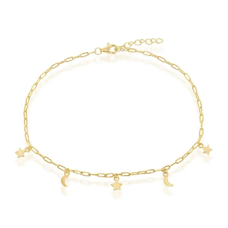 tennis bracelet for women-Sterling Silver Moon & Star Charms Paperclip Anklet - Gold Plated