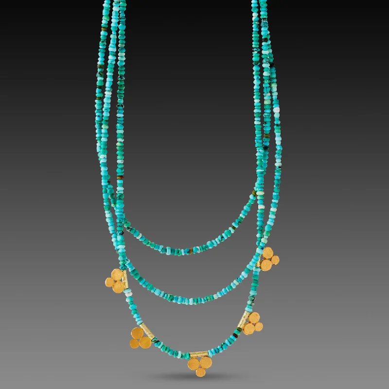 heart-shaped pendant necklace for women-Triple Strand Turquoise Necklace with Gold Trios