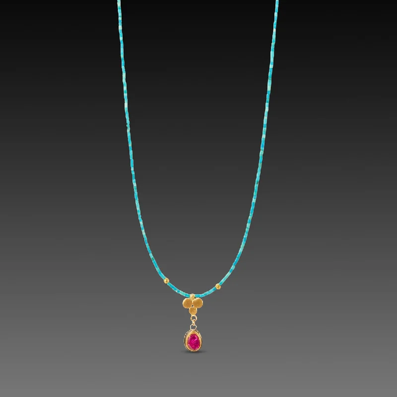 pearl choker necklace for women-Ruby and Gold Trio Turquoise Necklace