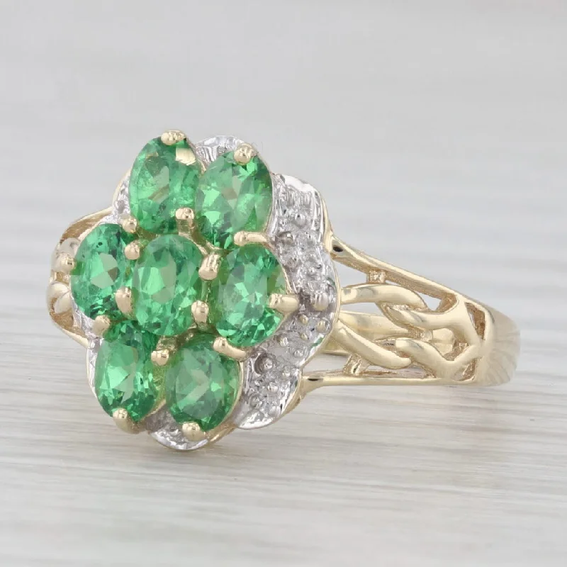 stackable engagement ring for women-1.40ctw Tsavorite Green Garnet Cluster Ring 10k Yellow Gold Size 6