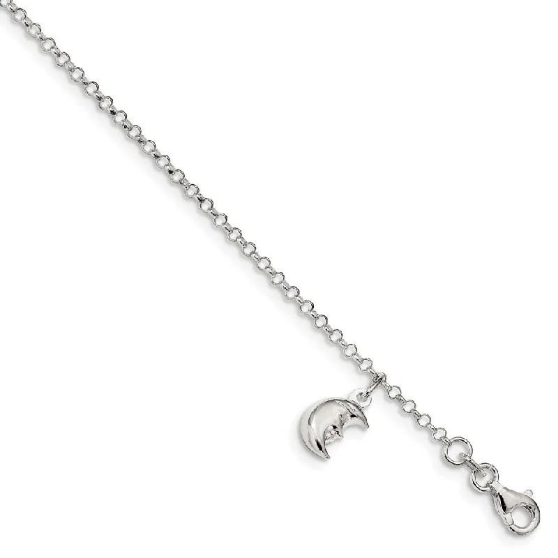 statement bracelet for women-Sterling Silver Moon Dangle Charm And 1.5mm Rolo Chain Anklet 10-11 In