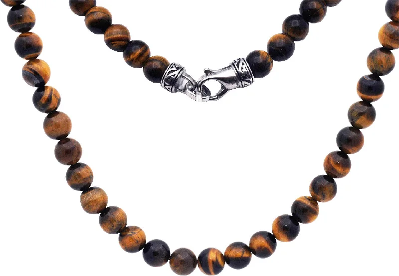 chunky necklace for women-Mens Genuine 8mm Tiger Eye Stainless Steel Beaded Necklace