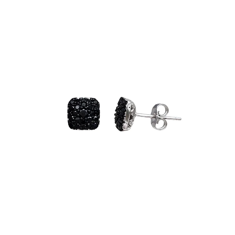 dangly crystal earrings for women-Cluster Cushion-Shape Black Onyx Stud Earrings (Silver)