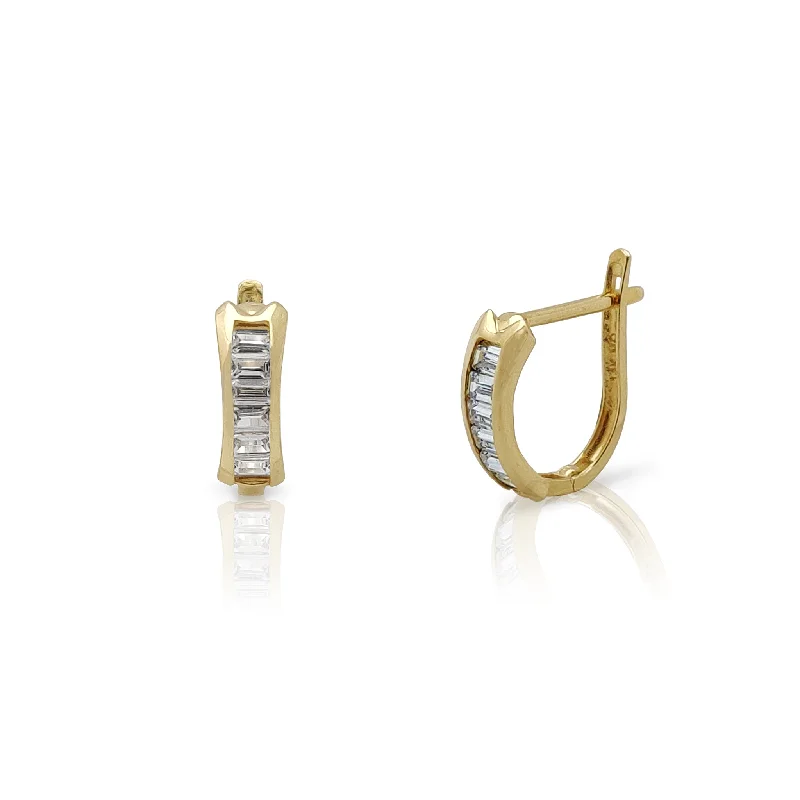 geometric earrings for women-Channel Setting Baguette Stone Huggie Earrings (14K)