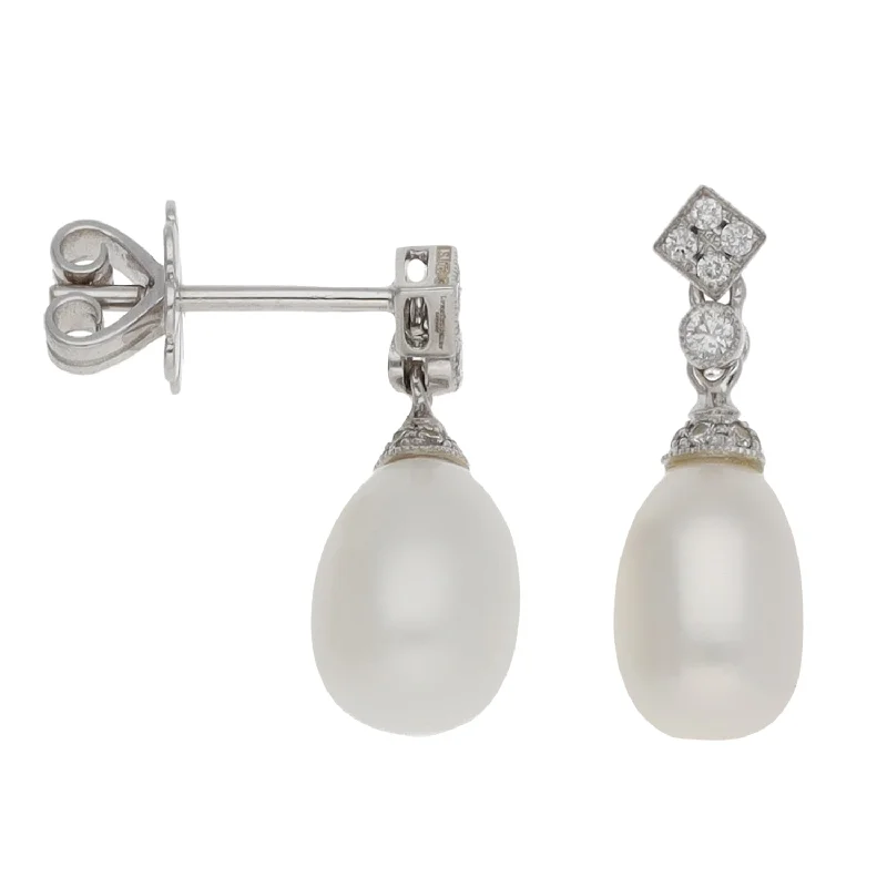 modern hoop earrings for women-18ct White Gold Cultured Pearl & 0.14ct Diamond Drop Earrings