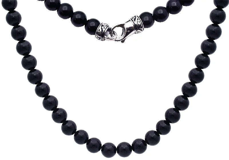 gemstone pendant necklace for women-Mens Genuine 8mm Onyx Stainless Steel Beaded Necklace