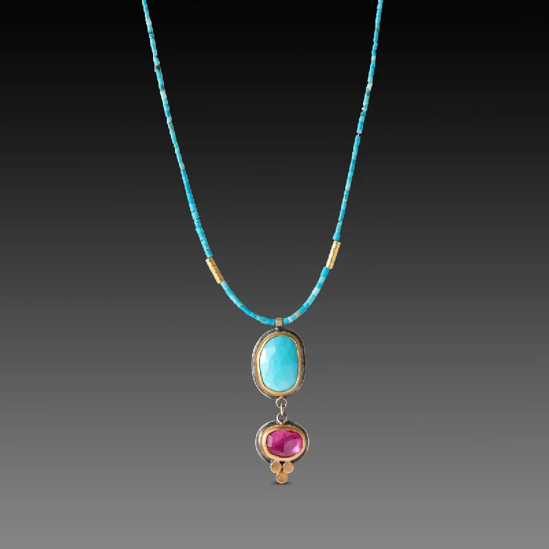 charm necklace for women-Turquoise and Ruby Double Pendant Necklace