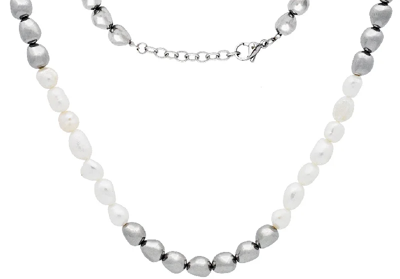 sapphire necklace for women-Men's 6mm Baroque Pearl Stainless Steel Necklace w/ Extension Clasp