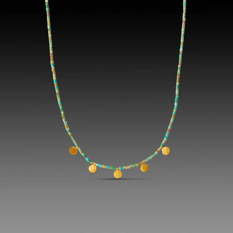 pearl necklace for women-Gold Disk and Turquoise Beaded Necklace