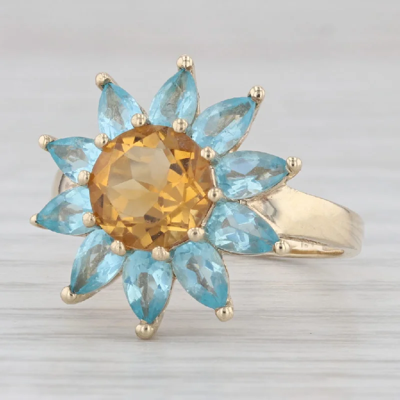 classic diamond engagement ring for women-3.46ctw Blue Apatite Orange Citrine Flower Ring 10k Yellow Gold Size 7 Cocktail