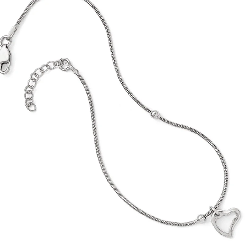 chic bracelet for women-Sterling Silver Asymmetrical Heart and Snake Chain Anklet, 9-10 Inch