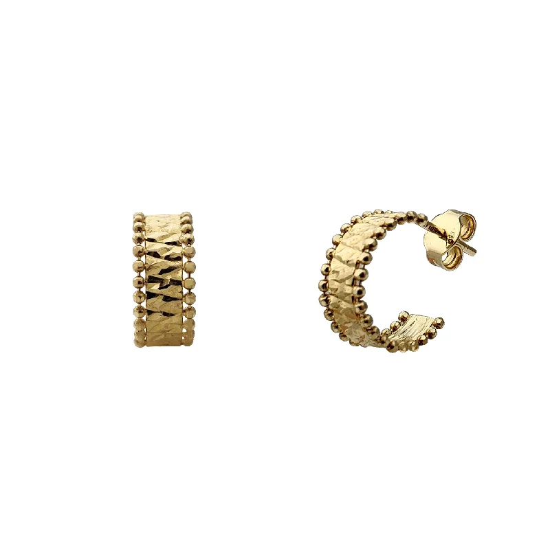 animal earrings for women-Beaded Milgrain Diamond-Cut Stud Huggie Earrings (14K)