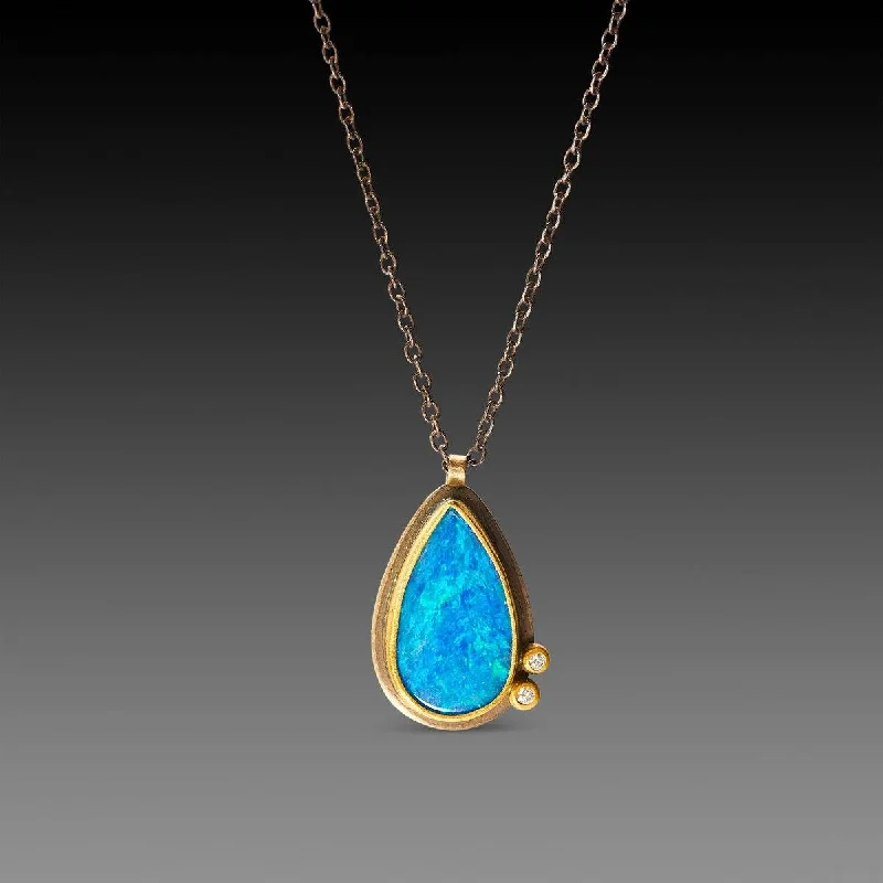 simple gold necklace for women-Teardrop Australian Opal Necklace with Diamond Dots