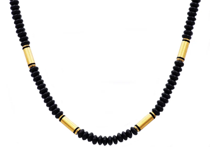 simple pendant necklace for women-Mens Genuine Onyx Gold Stainless Steel Disk Link Chain Necklace