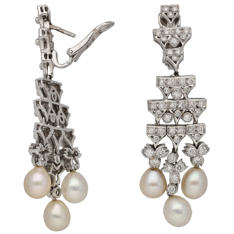 silver statement earrings for women-18ct White Gold Cultured Pearl & Cultured Pearl & 2.60ct Diamond Drop Earrings