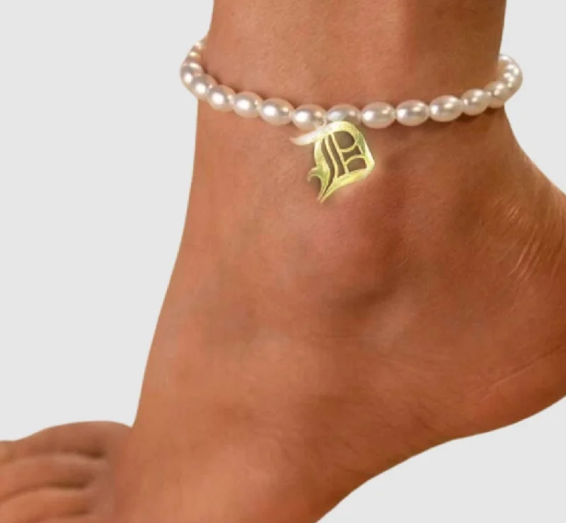 silver bangle bracelet for women-Pearl Initial Anklet