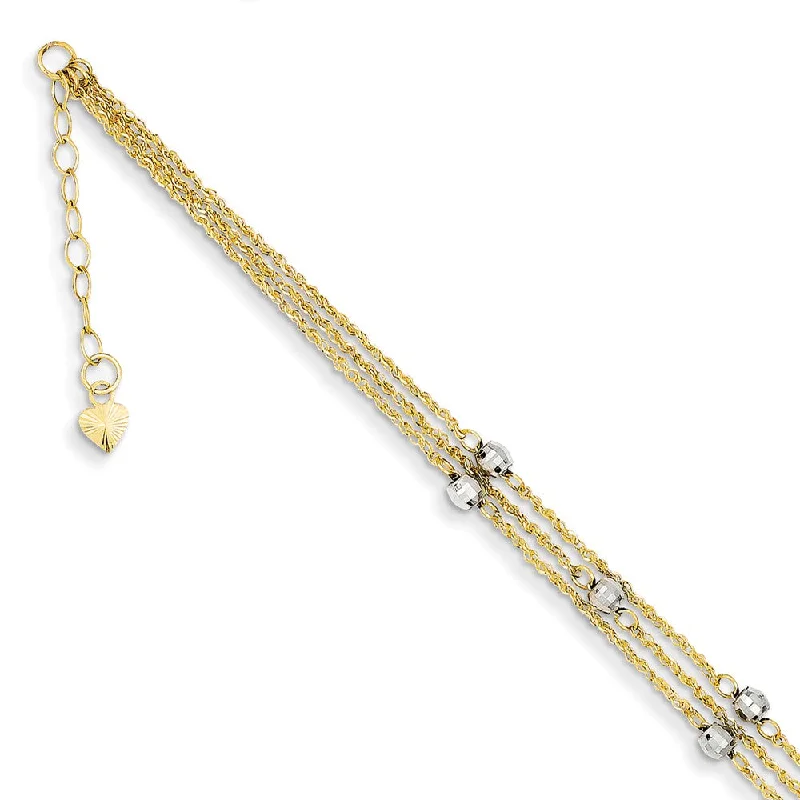 unique anklet for women-14k Two Tone Gold Triple Strand Beaded Anklet, 9 Inch